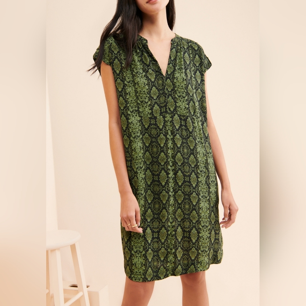 Anthropologie Women XS Rachel V Neck Snakeprint Pockets Green Tunic Dress NEW